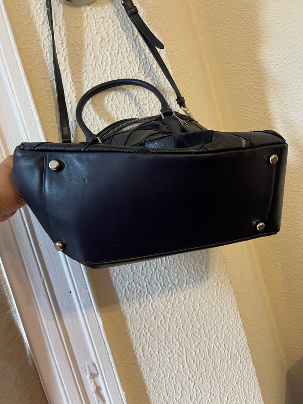 Stunning RARE Coach Morgan Diamond Patchwork Leather & Suede Satchel Bag Navy - Picture 15 of 16